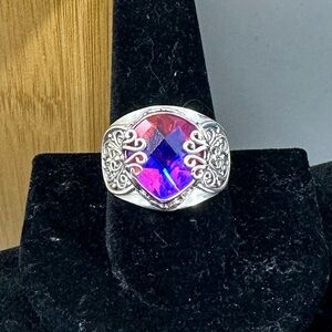 SARDA Sterling Silver Pink Volcanic Quartz Bali Filigree Scroll Wide Ring; SZ 10